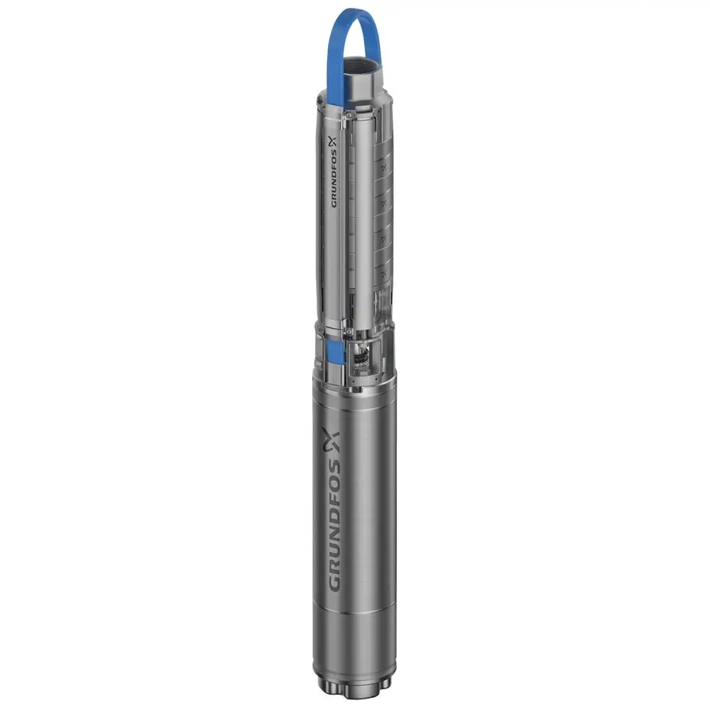 Grundfos Unterwasserpumpe mit vertikalem Design und Edelstahlgehäuse, ausgestattet mit einem blauen Zugband und mehreren Ansaugöffnungen.
